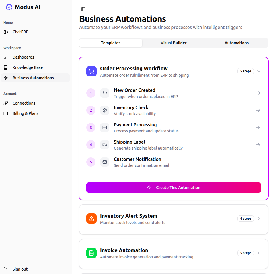 Modus AI Business Automations interface showing workflow templates and automation steps